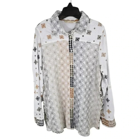 {Soft Surroundings} Gauzy Button-Down Embroidered Print Blouse - Medium - Picture 3 of 14